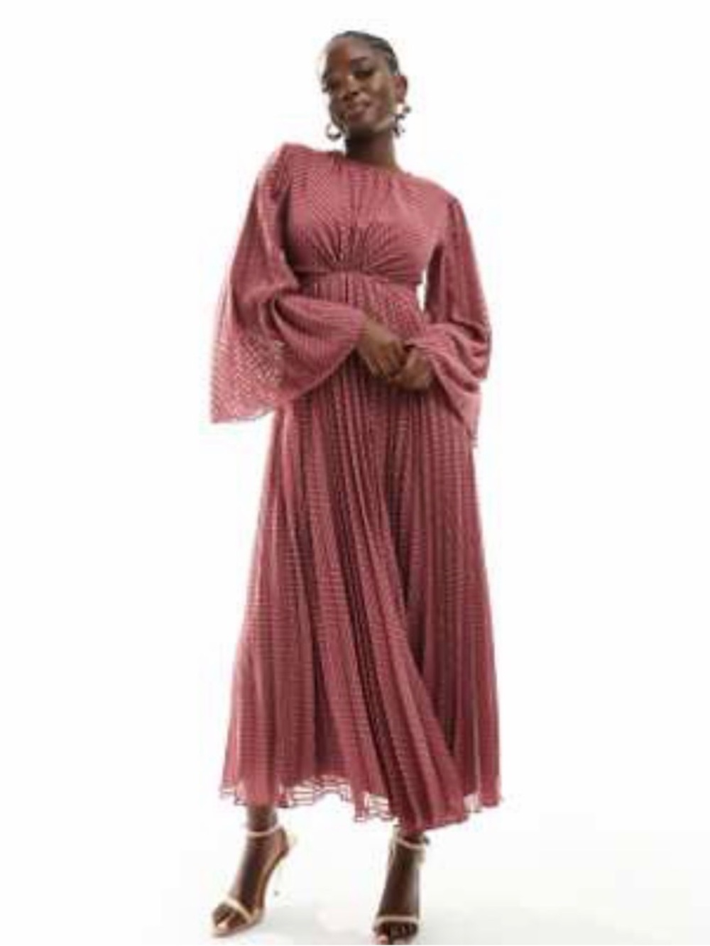 Women's Dusty Rose Pleated Long Sleeve Maxi Dress